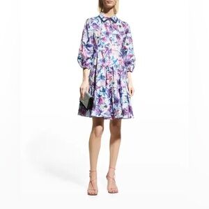 Marchesa Notte Tiered Floral Print Button Down 3/4 Sleeve Collared Mini Dress 0